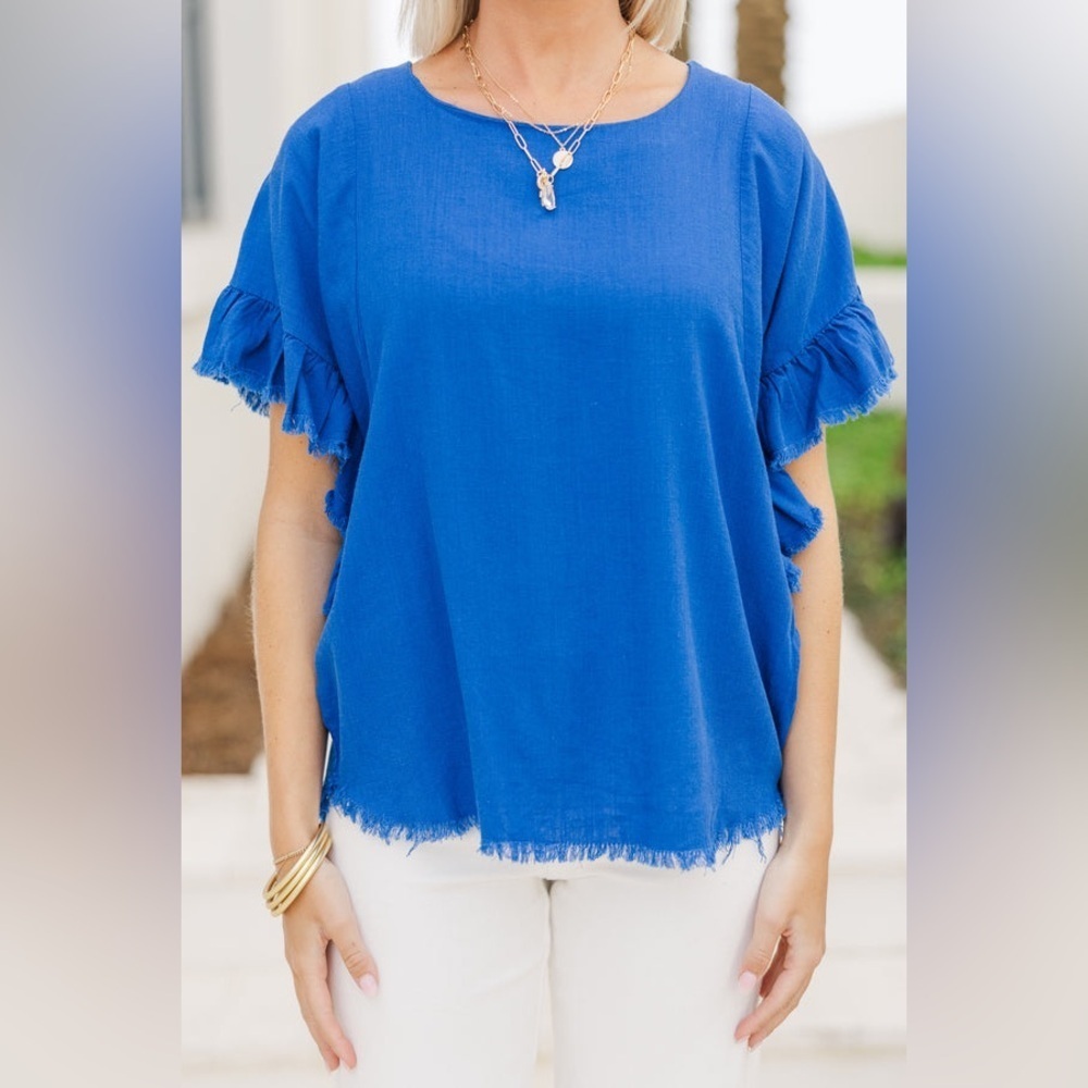 Umgee NWT Coastal Cobalt Linen Ruffle Frayed Hem Top L Coastal Oversized